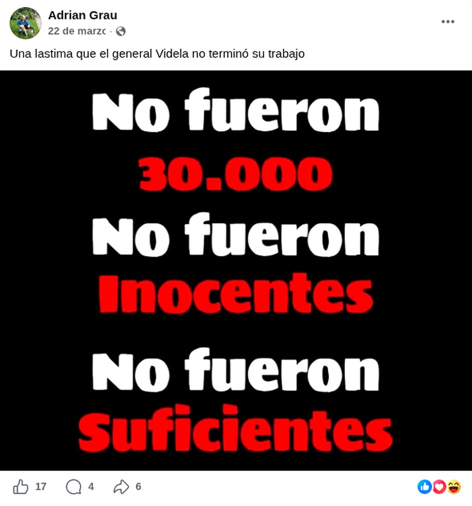 Posteo de Adrián Grau sobre Videla en Facebook