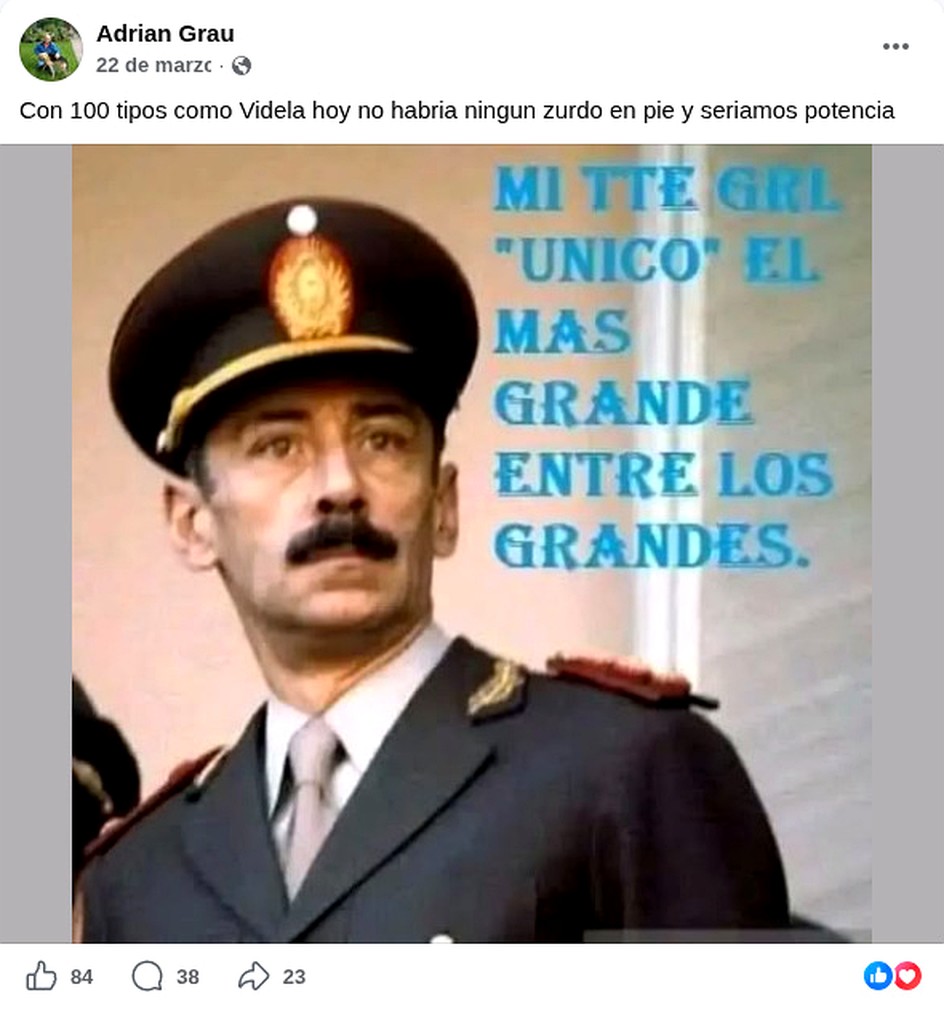 Segundo posteo del candidato Adrián Grau con un retrato de Videla