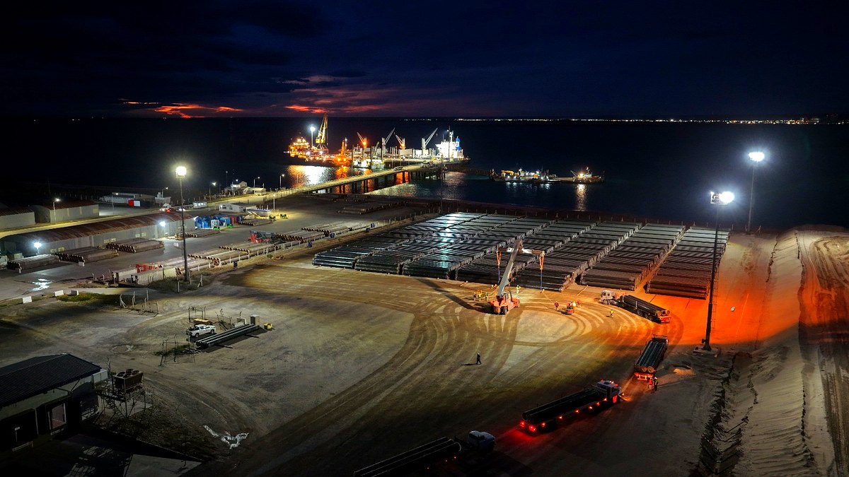 Puerto de San Antonio Este de noche, eje del reclamo de Pesatti contra el lobby de Bahía Blanca